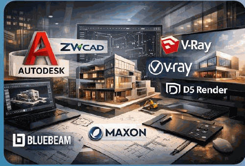 Marcas de ingeniería y diseño: Autodesk, ZW CAD, V-Ray, D5 Render, Bluebeam, Maxon